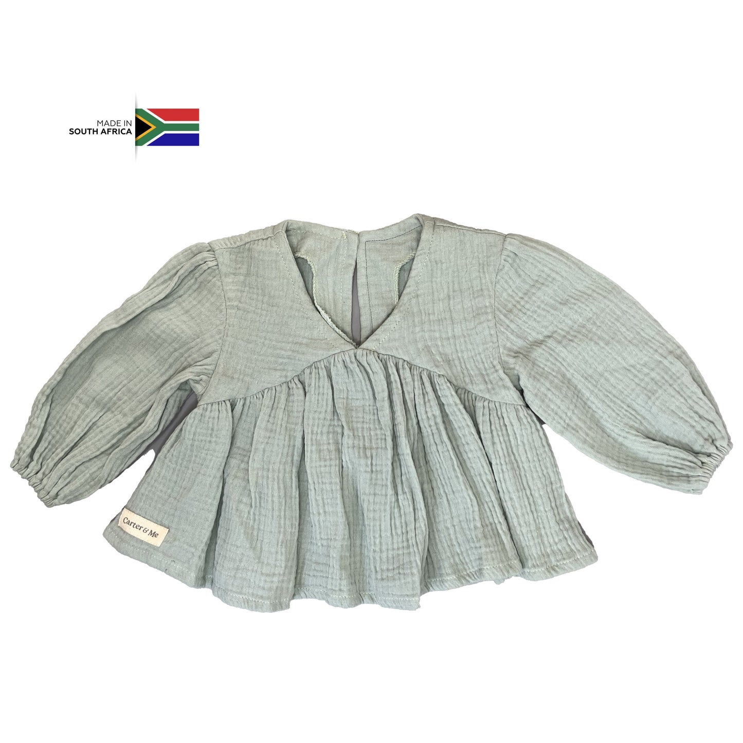 12-18M Muslin puff sleeve blouse in sage - Carter & Me