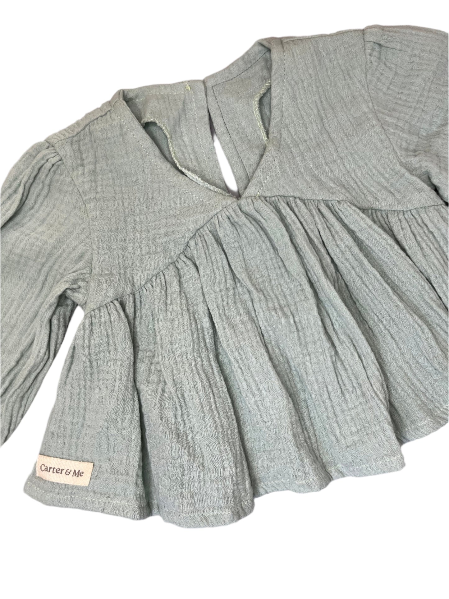 12-18M Muslin puff sleeve blouse in sage - Carter & Me