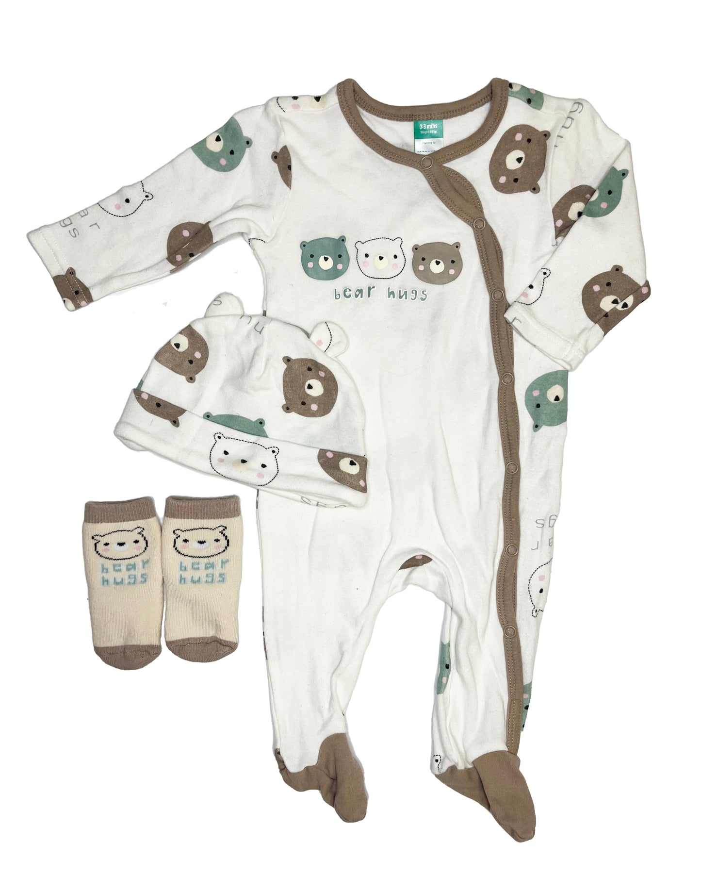 0-3M Bear hugs sleepsuit with matching beanie and socks - Ackermans Baby