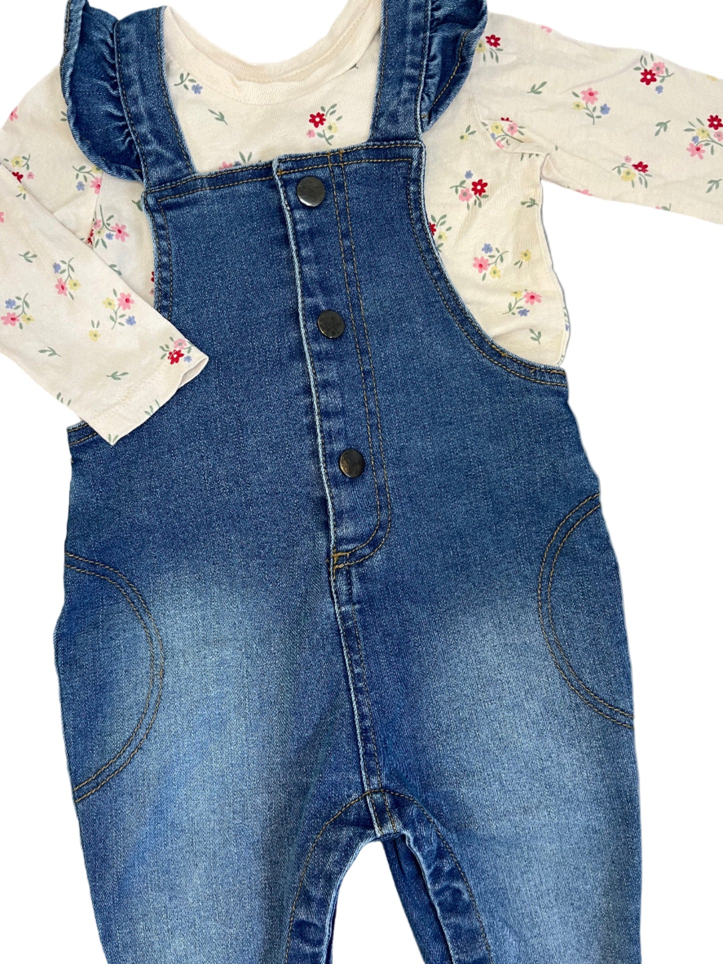 6-12M Denim dungaree with floral long sleeve tee - Woolworths