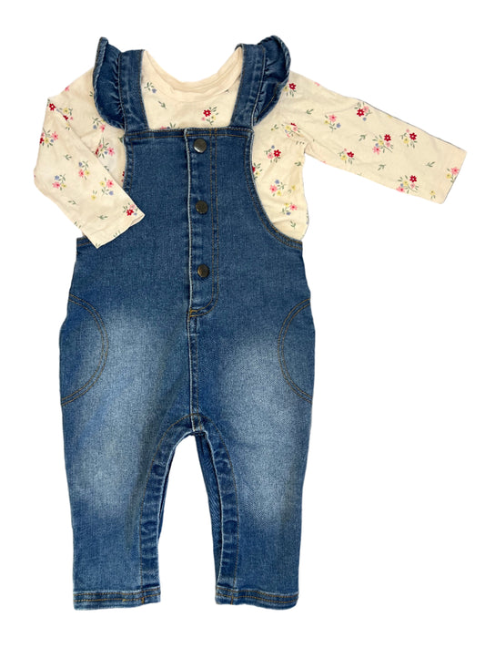 6-12M Denim dungaree with floral long sleeve tee - Woolworths